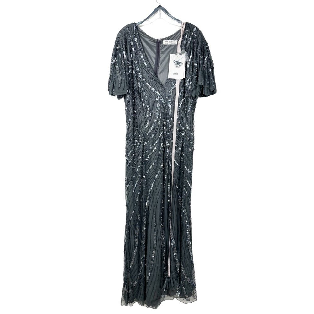 NWT Mac Duggal Flutter Sleeve Embellished Dress Pewter 18W - Picture 3 of 8